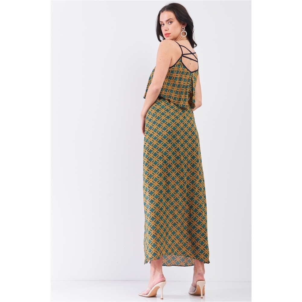 Mustard Multi Printed Sleeveless Criss-cross Back Side Slit Detail Maxi Dress - Picture 3 of 6